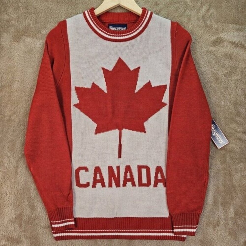 NWT Tipsy Elves Sweater Canada Spell Out Logo Red and White Pullover Mens Size S